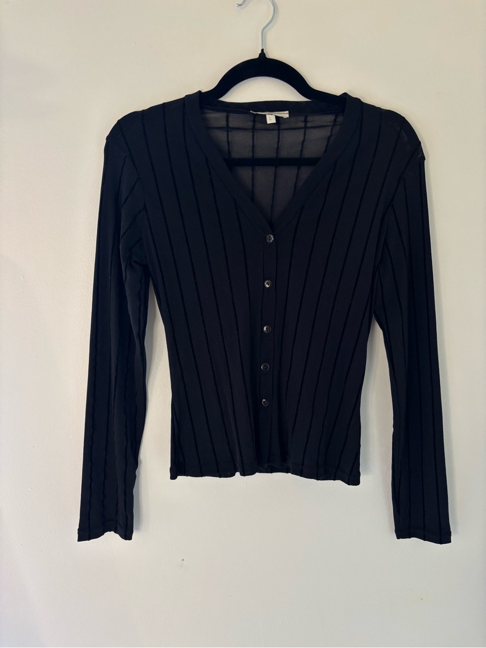 Womenβs Black Ribbed V-Neck Button-Front Long Sleeve Top